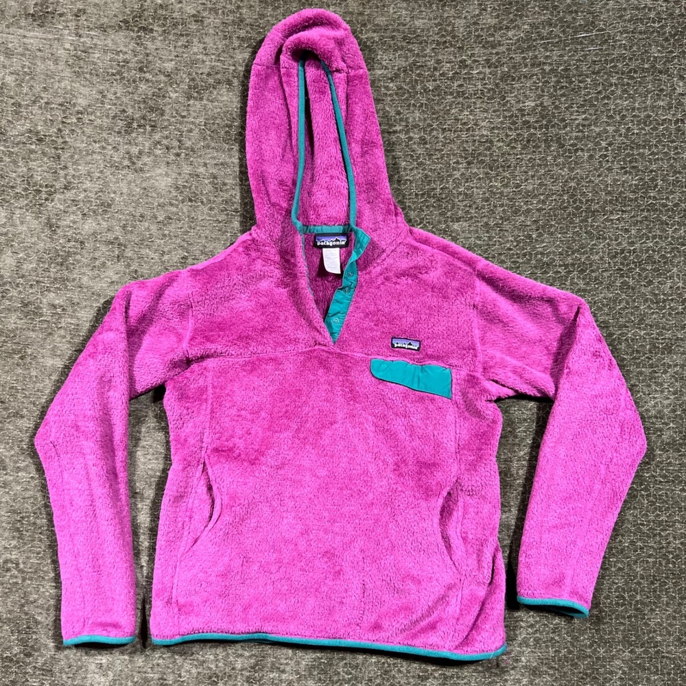 Patagonia Re-Tool Snap-T Fleece Hoodie Women L Magenta Purple Teal Trim Pullover